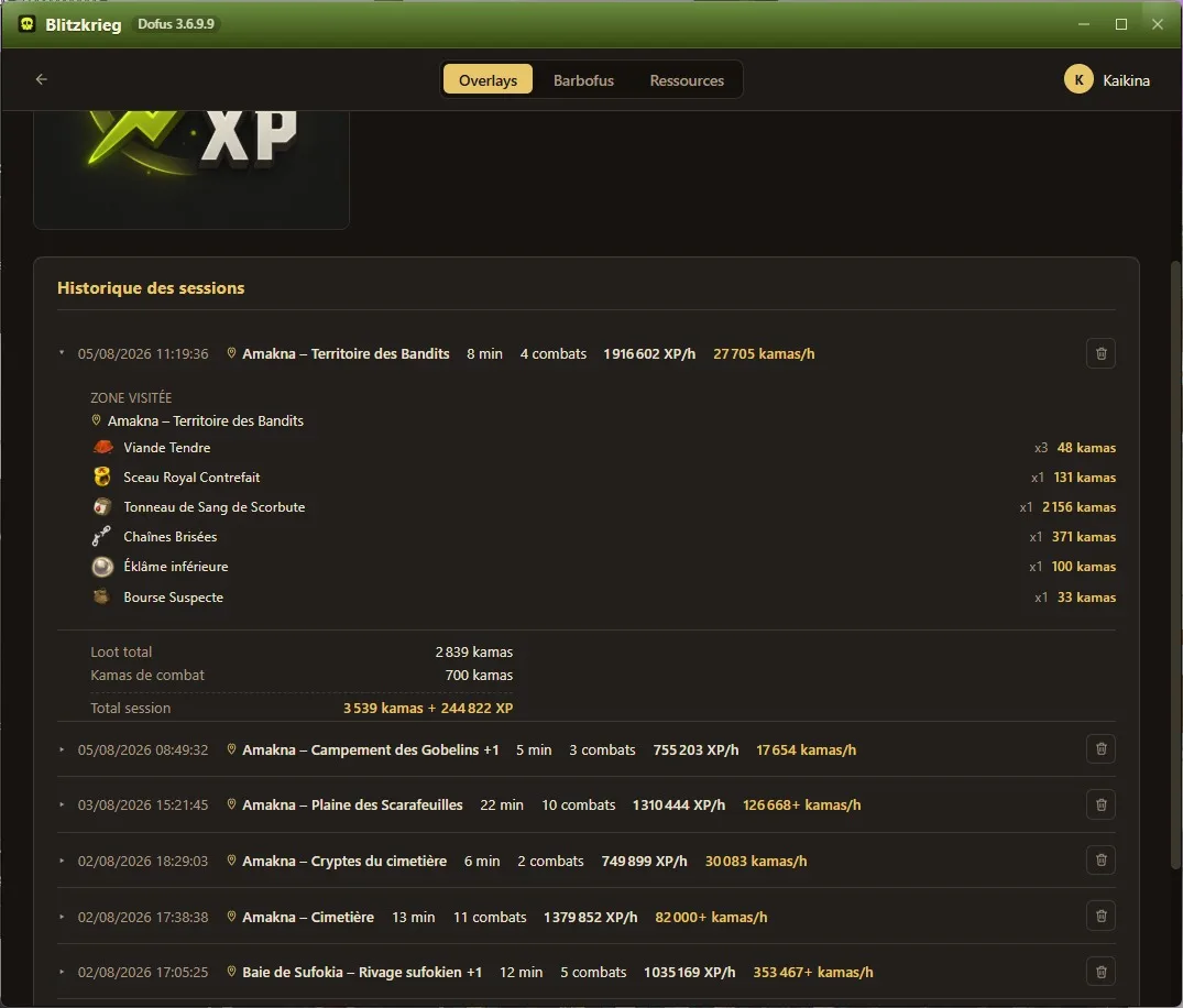 L'historique des benchmarks de Blitzkrieg listant les sessions de farm passées avec l'XP par heure et les kamas par heure.