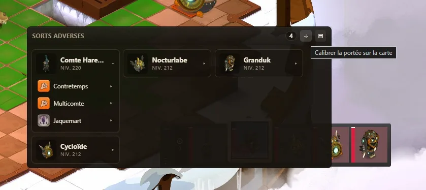 Le panneau des sorts adverses avec le bouton réticule et son infobulle, Calibrer la portée sur la carte.