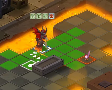 Grille de combat avec quatre icônes de challenge alignées en haut, des cellules vertes autour du boss et des repères blancs dessinés au sol.