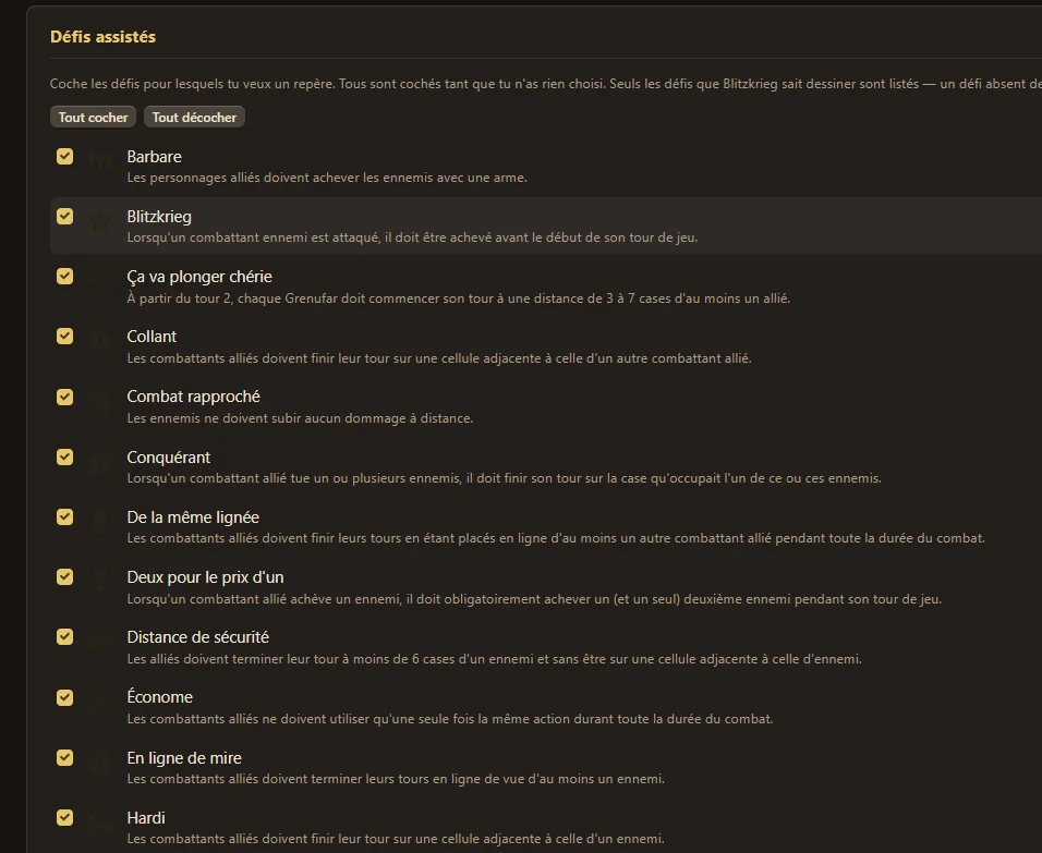 Les réglages des challenges assistés de Blitzkrieg listant chaque challenge pris en charge avec sa description en jeu et une case à cocher, au-dessus des boutons Tout cocher et Tout décocher.