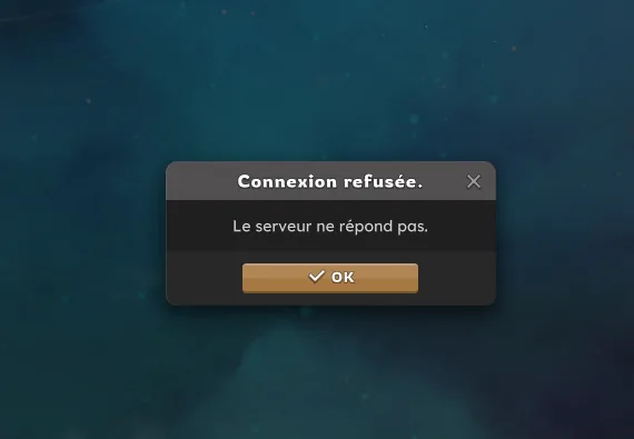 La fenêtre d'erreur de Dofus indiquant Connexion refusée, le serveur ne répond pas.