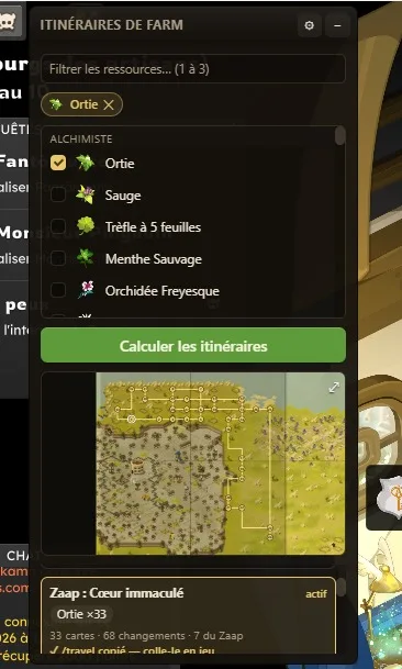Le panneau d'itinéraires de farm avec le sélecteur de ressources et un itinéraire calculé au départ du Zaap.