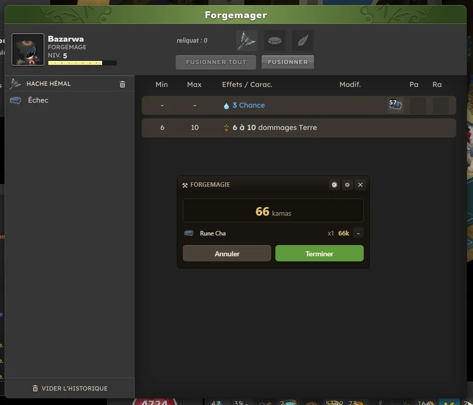 L'overlay de forgemagie de Blitzkrieg par-dessus la fenêtre de forgemagie de Dofus, additionnant le coût de chaque rune appliquée.