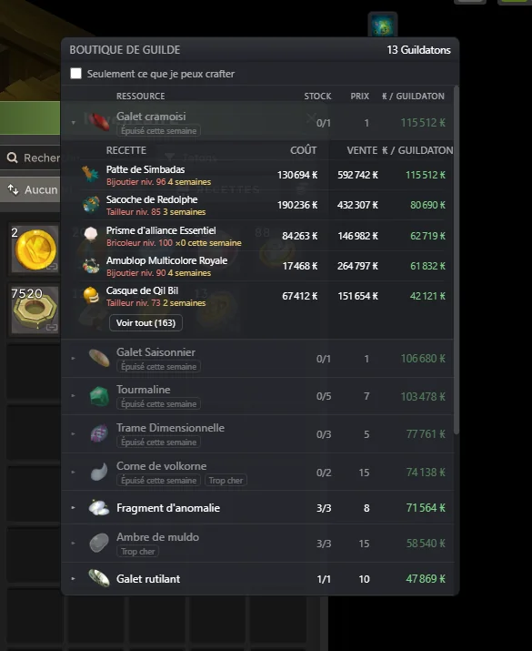 Overlay de boutique de guilde de Blitzkrieg listant les ressources de la boutique classées par kamas rapportés par Guildaton, l'une d'elles dépliée pour montrer les recettes qui l'utilisent avec leur coût, leur prix de vente et le niveau de métier qu'elles demandent.