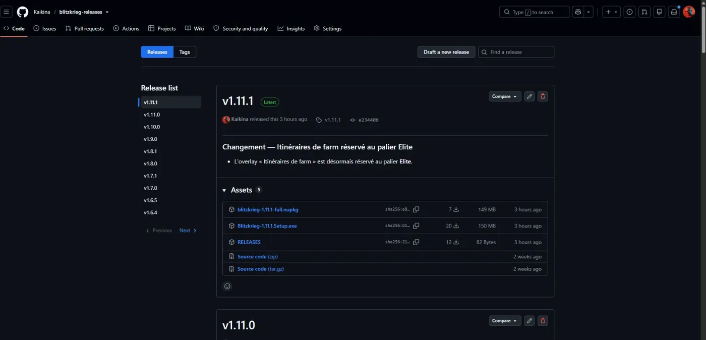 La page des versions GitHub du dépôt blitzkrieg-releases, avec la dernière version et son Setup.exe téléchargeable.