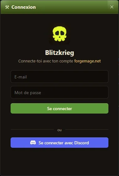 La fenêtre de connexion de Blitzkrieg proposant e-mail et mot de passe ou Discord, avec un compte Forgemage.net.