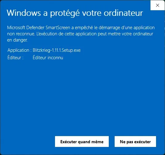 La fenêtre Windows SmartScreen nommant Blitzkrieg Setup.exe avec un éditeur inconnu, et le bouton Exécuter quand même affiché.