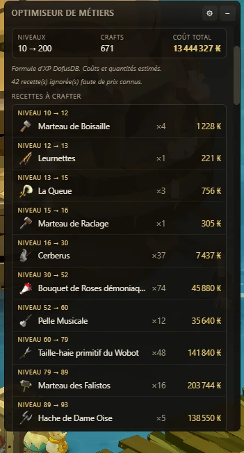 L'optimiseur de métiers de Blitzkrieg listant les recettes à crafter du niveau 10 au niveau 200, chacune avec sa tranche de niveaux, sa quantité et son coût en kamas.