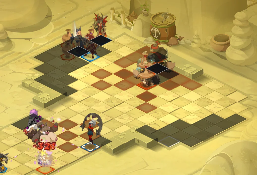 Grille de combat Dofus avec l'overlay de ligne de vue de Blitzkrieg : toutes les cases sans ligne de vue depuis la case survolée sont assombries, les autres gardent la couleur normale du terrain.