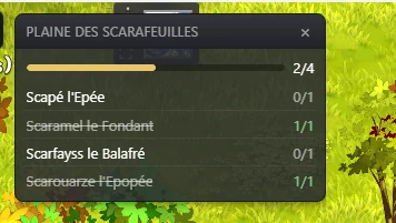 Le panneau de zone de Blitzkrieg pour la Plaine des Scarafeuilles, indiquant 2 archimonstres capturés sur 4, chacun listé avec son propre compteur et ceux déjà capturés barrés.