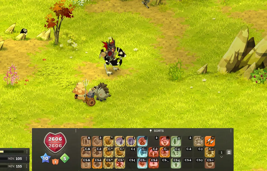 Barre de sorts Dofus avec l'overlay de raccourcis de Blitzkrieg : chaque emplacement des trois rangées porte sa touche dans le coin, du simple & ou é au C-& pour Ctrl et au CS-& pour Ctrl+Shift.
