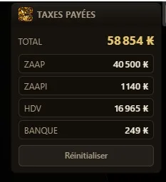Le panneau des taxes de Blitzkrieg totalisant les kamas payés, répartis entre Zaap, Zaapi, hôtel de vente et banque.