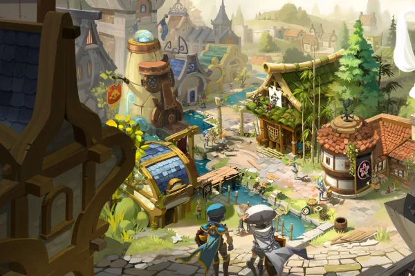 Joueurs Dofus heureux et forgemages regardant vers une ville avec des maisons de guilde.